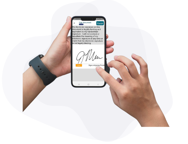 hands holding mobile phone after signing electronic waiver